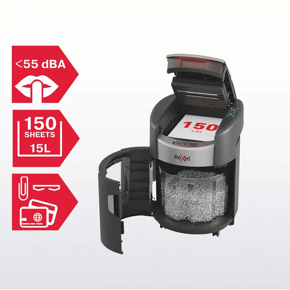 Distrugator documente automat REXEL SHREDMAX 150X, 150 coli, cos 15l, Cross-cut, P4, negru-gri