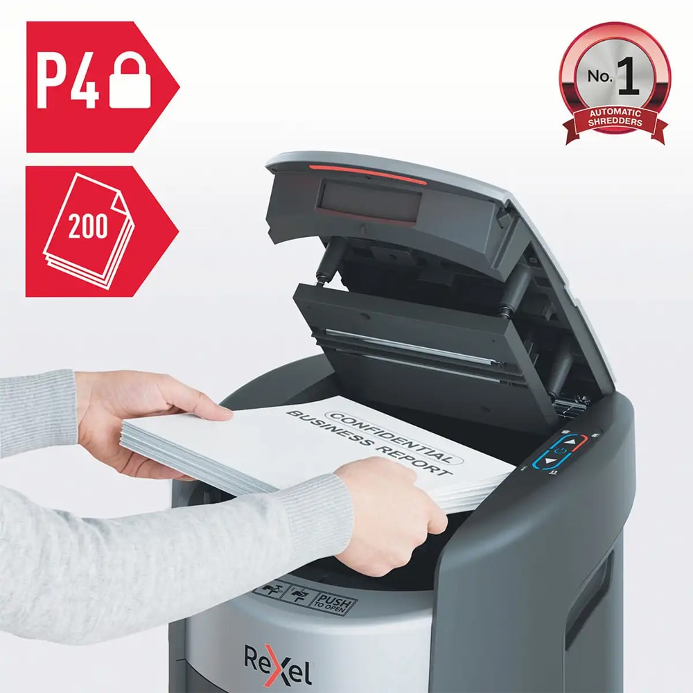Distrugator documente automat REXEL SHREDMAX 200X, 200 coli, cos 21l, Cross-cut, P4, negru-gri