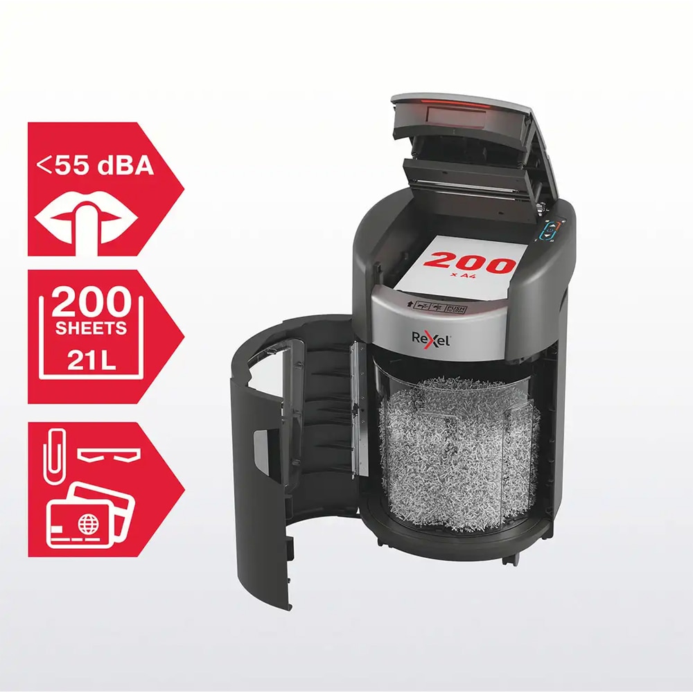 Distrugator documente automat REXEL SHREDMAX 200X, 200 coli, cos 21l, Cross-cut, P4, negru-gri