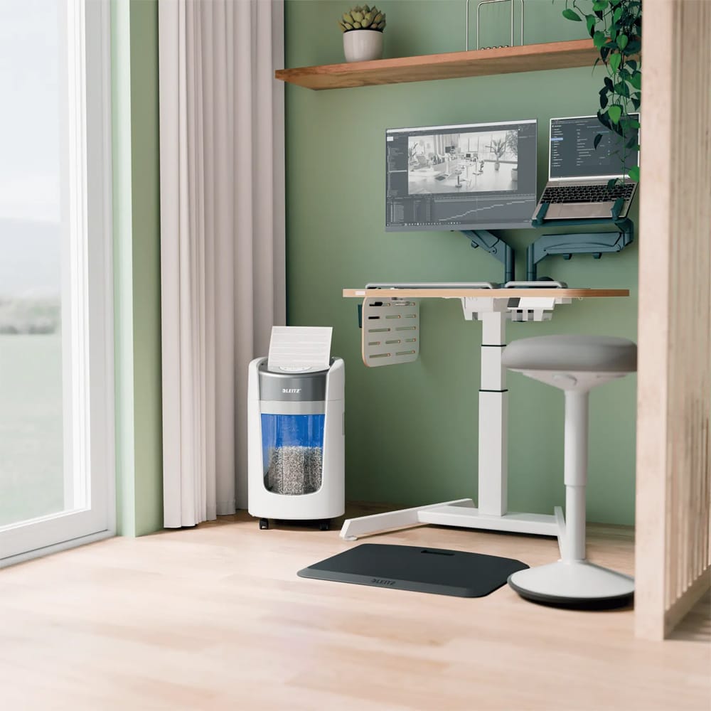 Distrugator documente manual Leitz IQ OptiMax Home Office 225, 6 coli, cos 15l, Micro-cut, P5, alb-gri