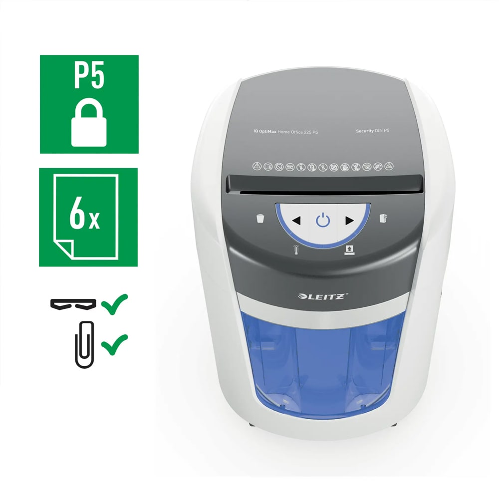 Distrugator documente manual Leitz IQ OptiMax Home Office 225, 6 coli, cos 15l, Micro-cut, P5, alb-gri
