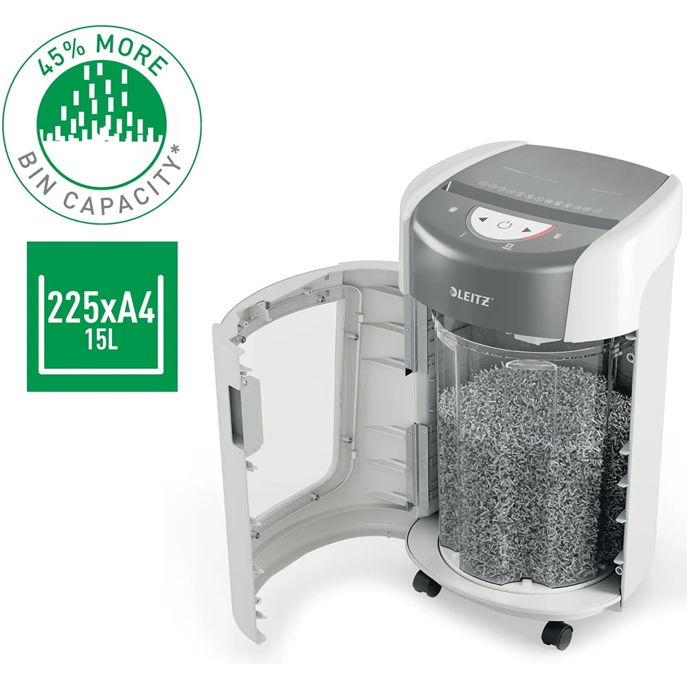 Distrugator documente manual Leitz IQ OptiMax Home Office 225, 6 coli, cos 15l, Micro-cut, P5, alb-gri