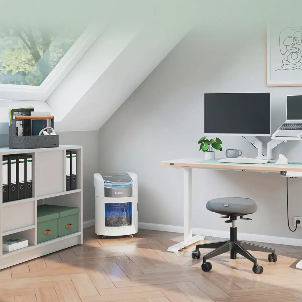 Distrugator documente automat Leitz OptiMax Home Office, 150 coli, cos 15l, Cross-Cut, P4, alb-gri