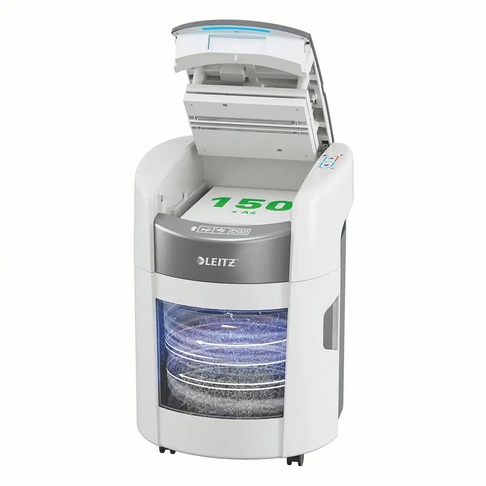 Distrugator documente automat Leitz OptiMax Home Office, 150 coli, cos 15l, Cross-Cut, P4, alb-gri