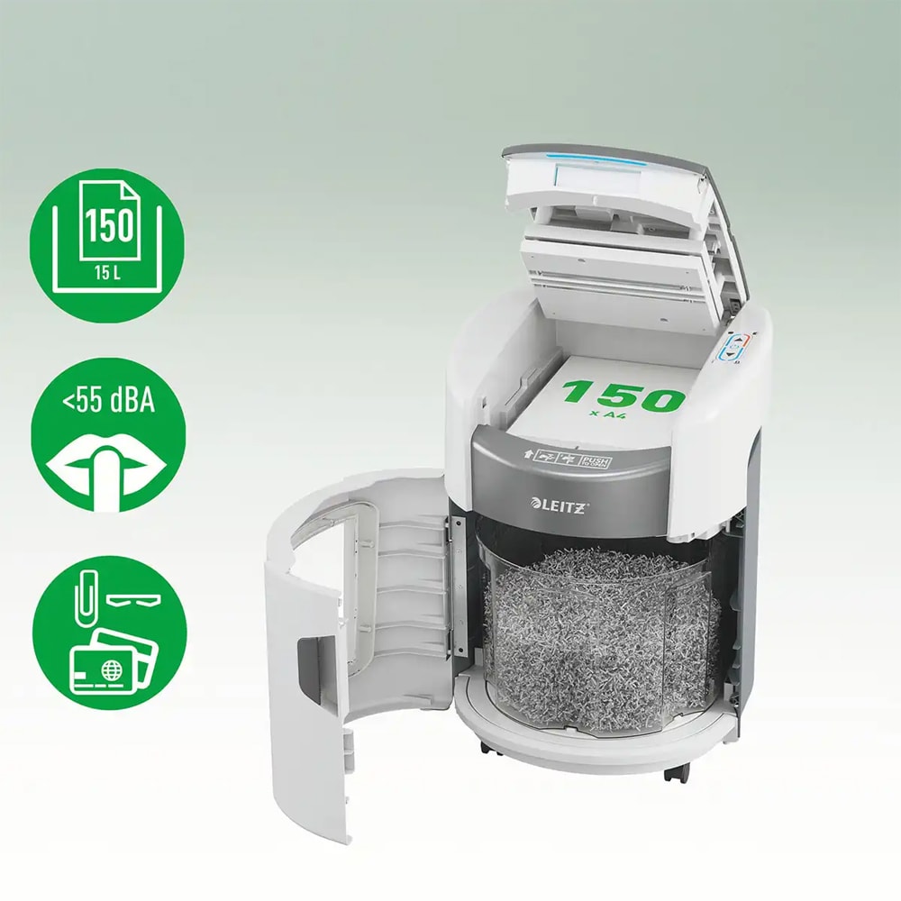 Distrugator documente automat Leitz OptiMax Home Office, 150 coli, cos 15l, Cross-Cut, P4, alb-gri