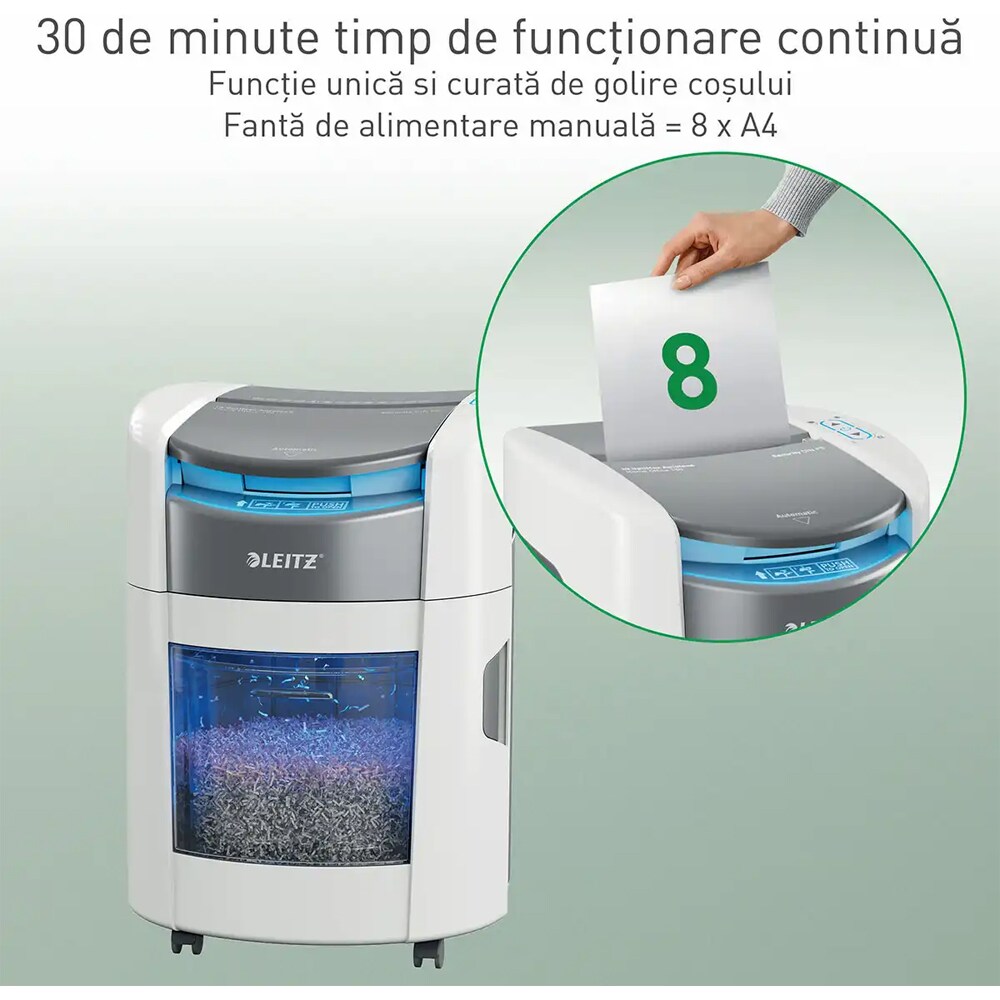 Distrugator documente automat Leitz OptiMax Home Office, 150 coli, cos 15l, Cross-Cut, P4, alb-gri