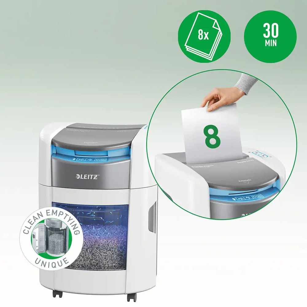 Distrugator documente automat Leitz OptiMax Home Office, 150 coli, cos 15l, Cross-Cut, P4, alb-gri