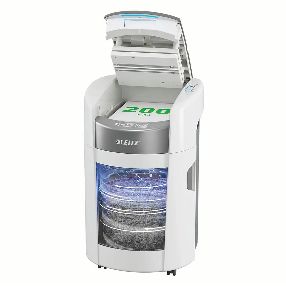 Distrugator documente automat Leitz OptiMax Small Office, 200 coli, cos 21l, Cross-cut, P4, alb-gri
