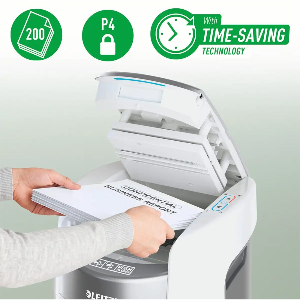 Distrugator documente automat Leitz OptiMax Small Office, 200 coli, cos 21l, Cross-cut, P4, alb-gri
