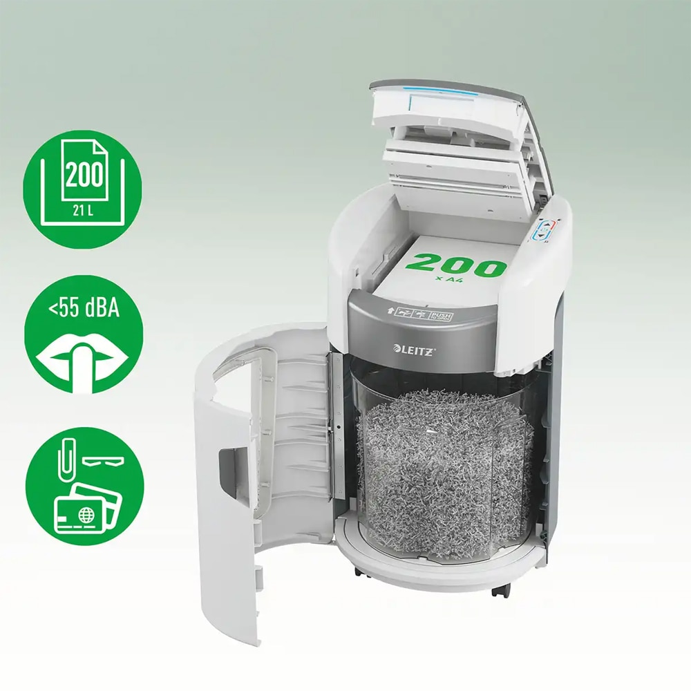 Distrugator documente automat Leitz OptiMax Small Office, 200 coli, cos 21l, Cross-cut, P4, alb-gri