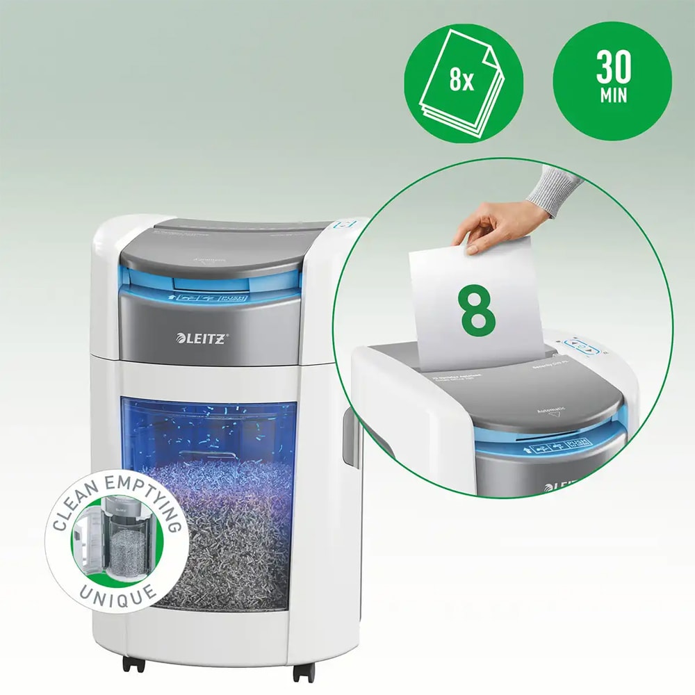 Distrugator documente automat Leitz OptiMax Small Office, 200 coli, cos 21l, Cross-cut, P4, alb-gri