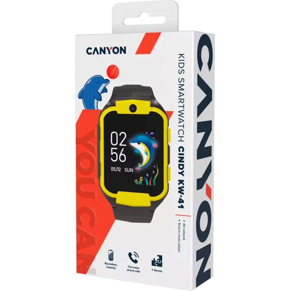 Smartwatch pentru copii CANYON Cindy KW-41, 4G, Android/iOS, silicon, galben-negru