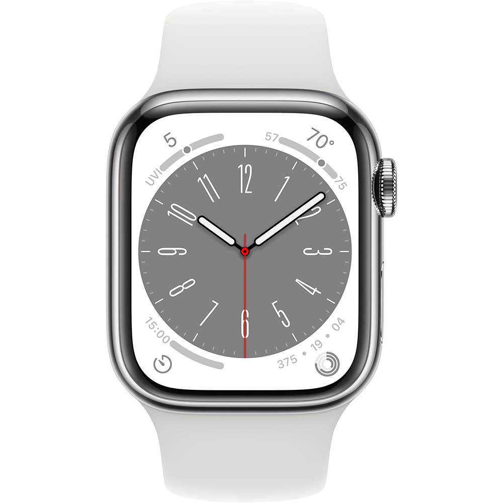 APPLE Watch Series 8, GPS + Cellular, 41mm Silver Stainless Steel Case, White Sport Band