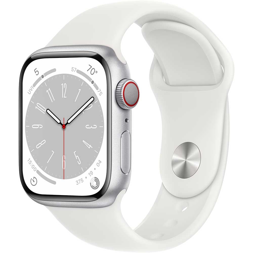 APPLE Watch Series 8, GPS + Cellular, 41mm Silver Aluminium Case, White Sport Band