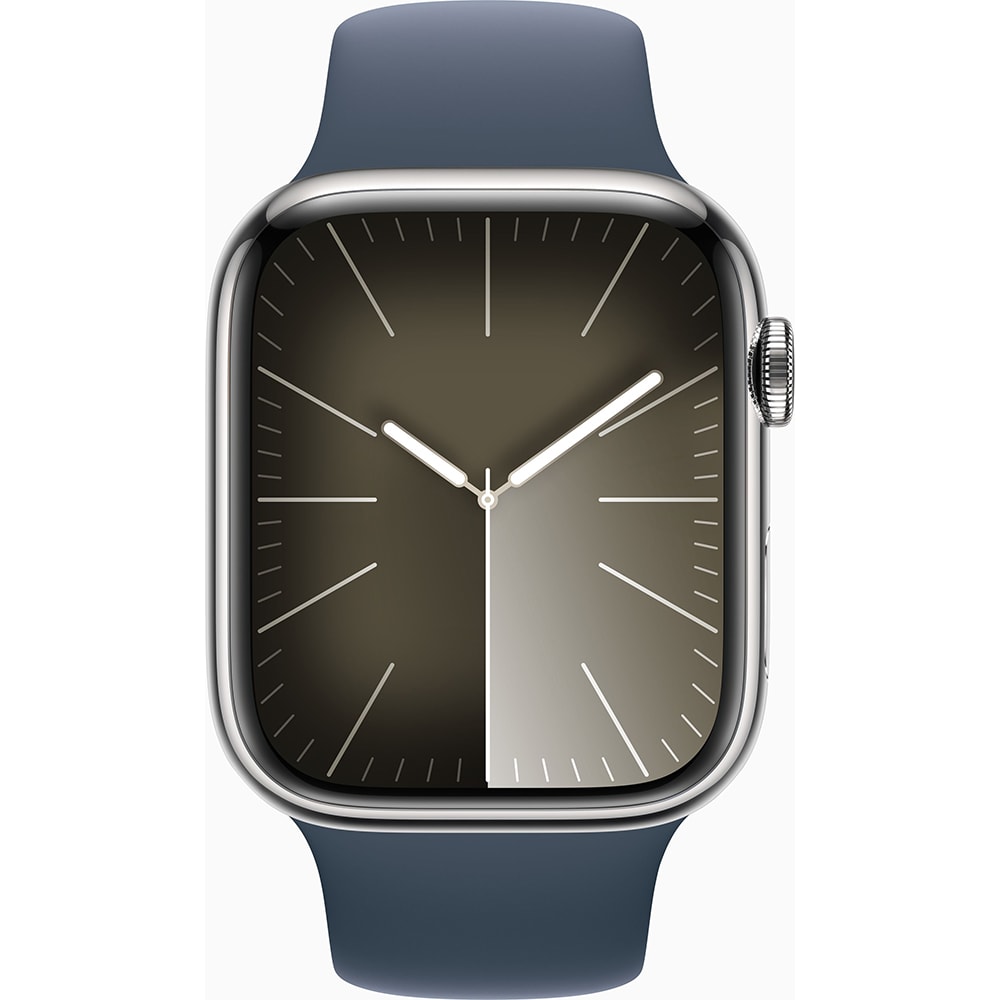 APPLE Watch Series 9, GPS + Cellular, 45mm Silver Stainless Steel Case, Storm Blue Sport Band - M/L