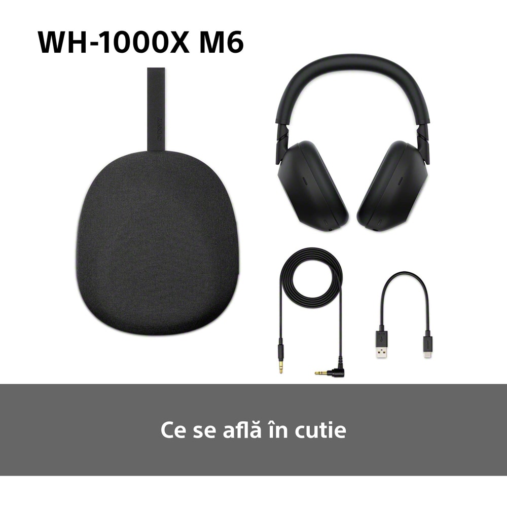 Casti SONY WH-1000XM6, Bluetooth, Over-Ear, Microfon, Noise Cancelling, negru