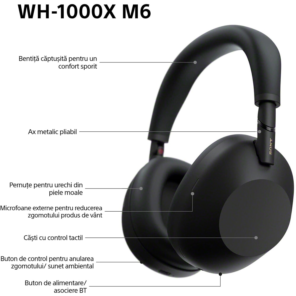 Casti SONY WH-1000XM6, Bluetooth, Over-Ear, Microfon, Noise Cancelling, negru