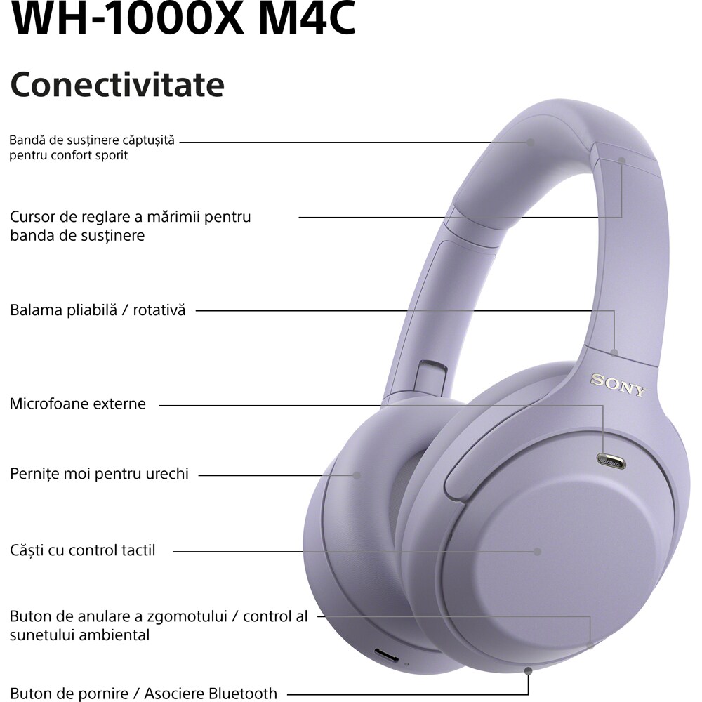 Casti SONY WH-1000XM4CV, Bluetooth, Over-ear, Microfon, Noise Cancelling, violet