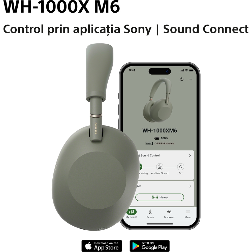 Casti SONY WH-1000XM6, Bluetooth, Over-Ear, Microfon, Noise Cancelling, Olive Green
