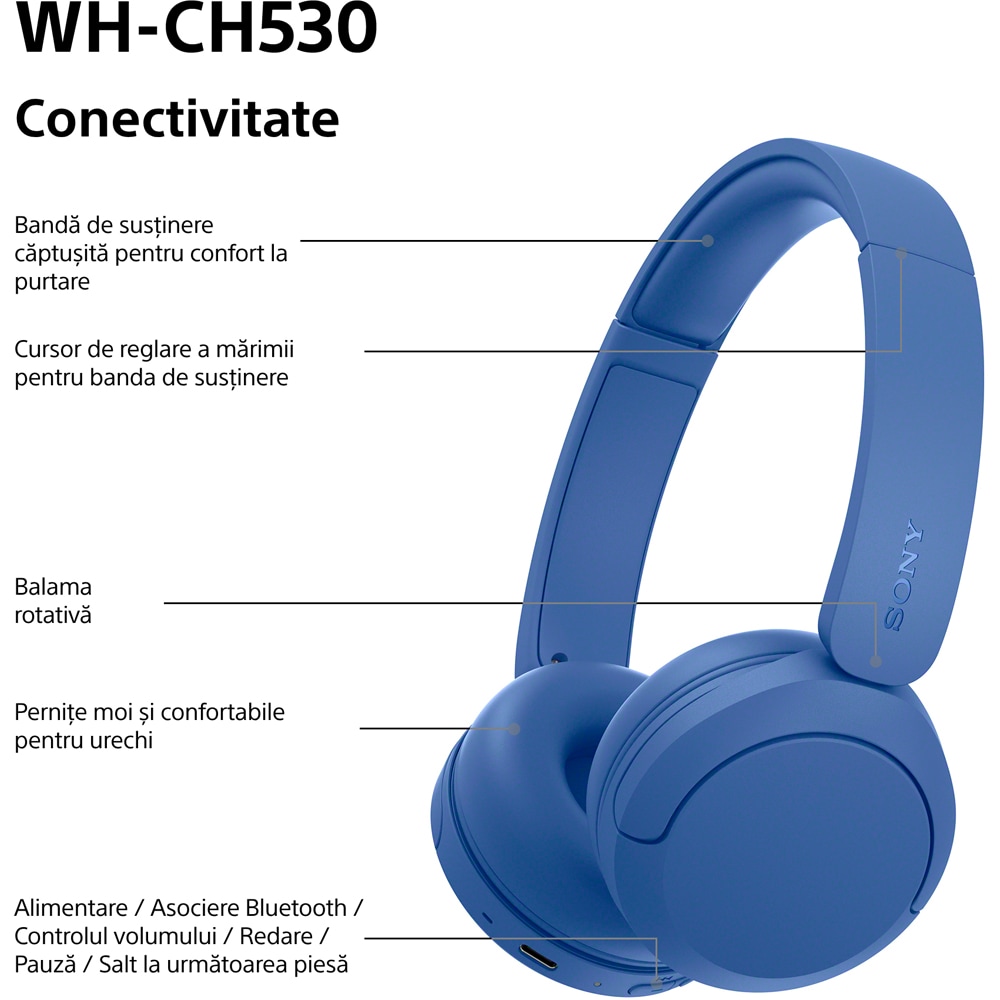 Casti SONY WH-CH530L, Bluetooth, On-Ear, Microfon, albastru