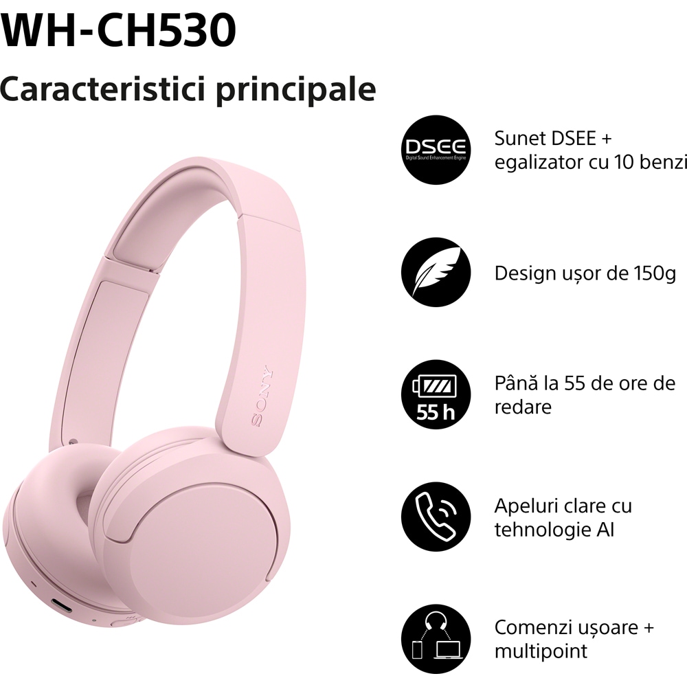 Casti SONY WH-CH530P, Bluetooth, On-Ear, Microfon, roz