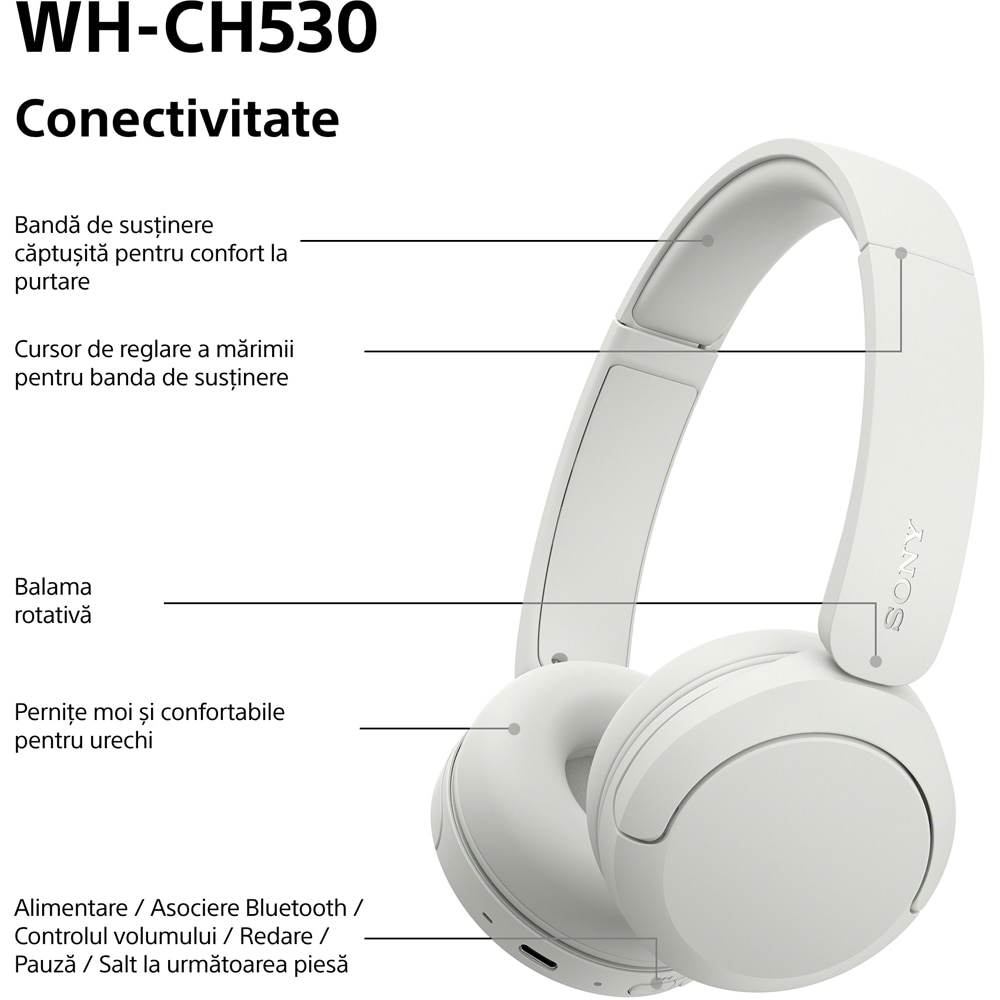 Casti SONY WH-CH530W, Bluetooth, On-Ear, Microfon, alb