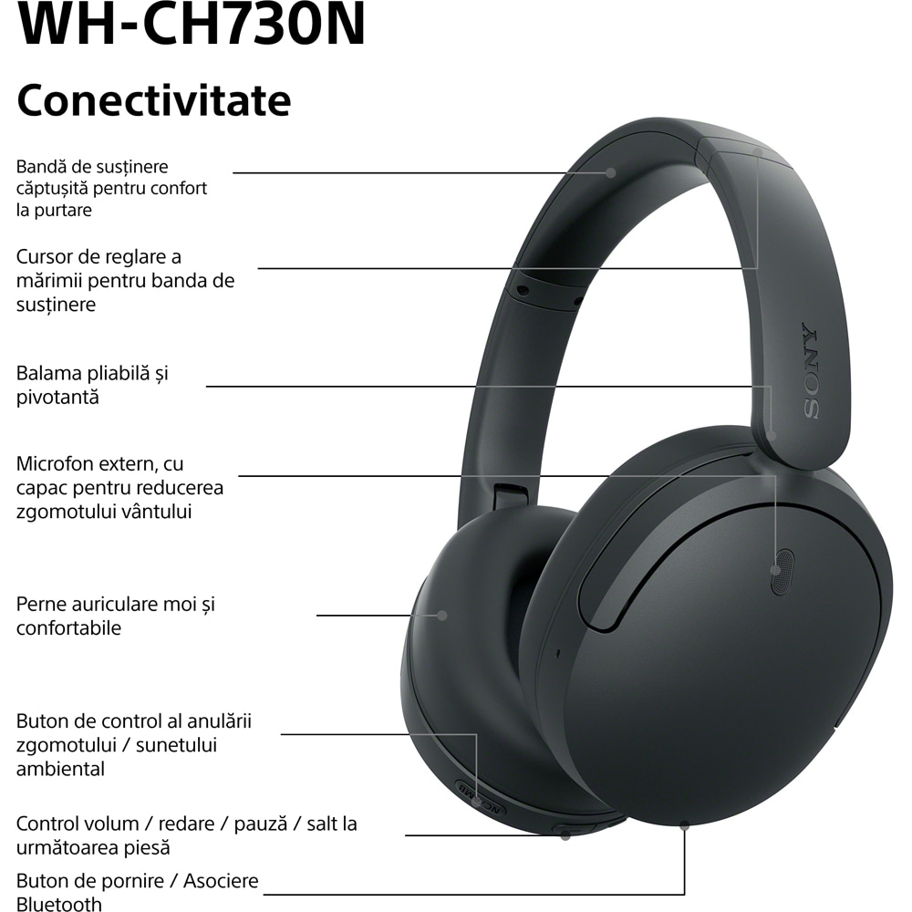 Casti SONY WH-CH730NB, Bluetooth, Over-Ear, Microfon, Noise Cancelling, negru