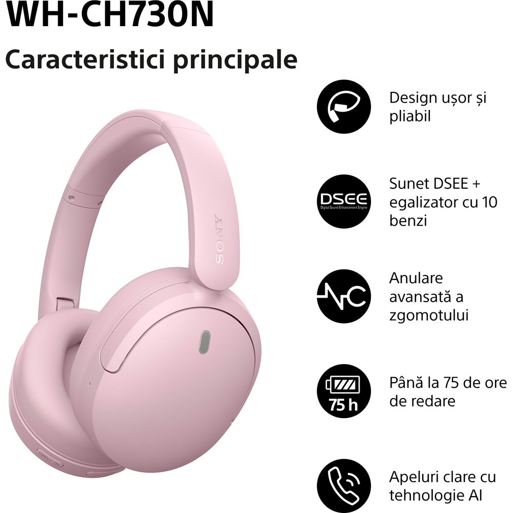 Casti SONY WH-CH730NP, Bluetooth, Over-Ear, Microfon, Noise Cancelling, roz