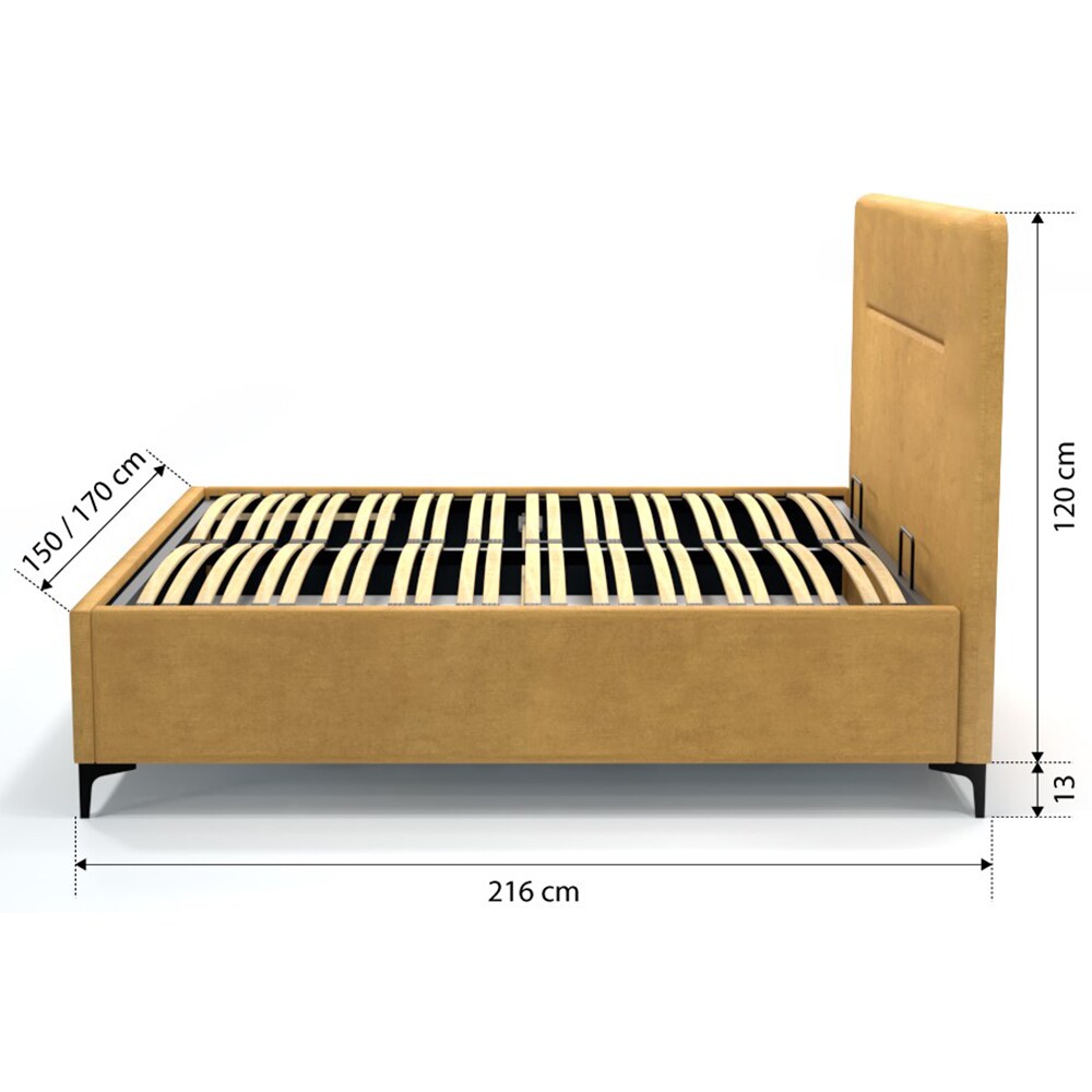 Pat tapitat Soul, lada depozitare, somiera, 160 x 200 cm, galben