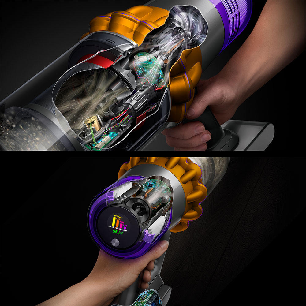 Aspirator vertical DYSON V15 Detect Absolute 49471901, 0.76l, autonomie max 60 min, Senzor Piezo, argintiu-galben