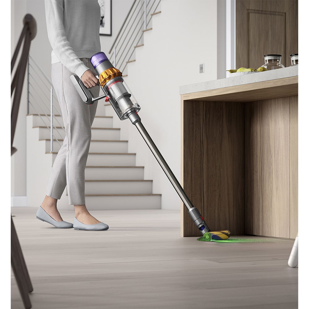 Aspirator vertical DYSON V15 Detect Absolute 49471901, 0.76l, autonomie max 60 min, Senzor Piezo, argintiu-galben