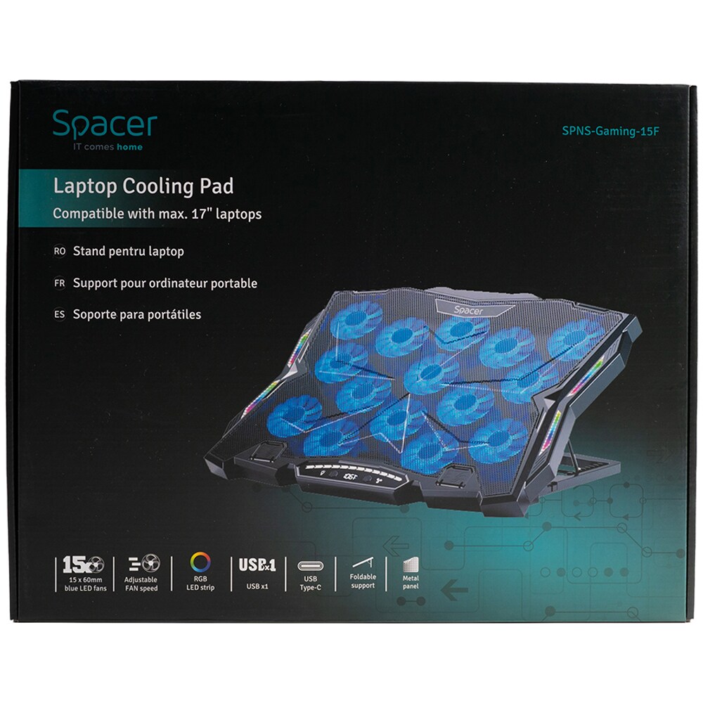 Cooler pad Gaming SPACER SPNS-Gaming-15F, RGB, USB-C, negru