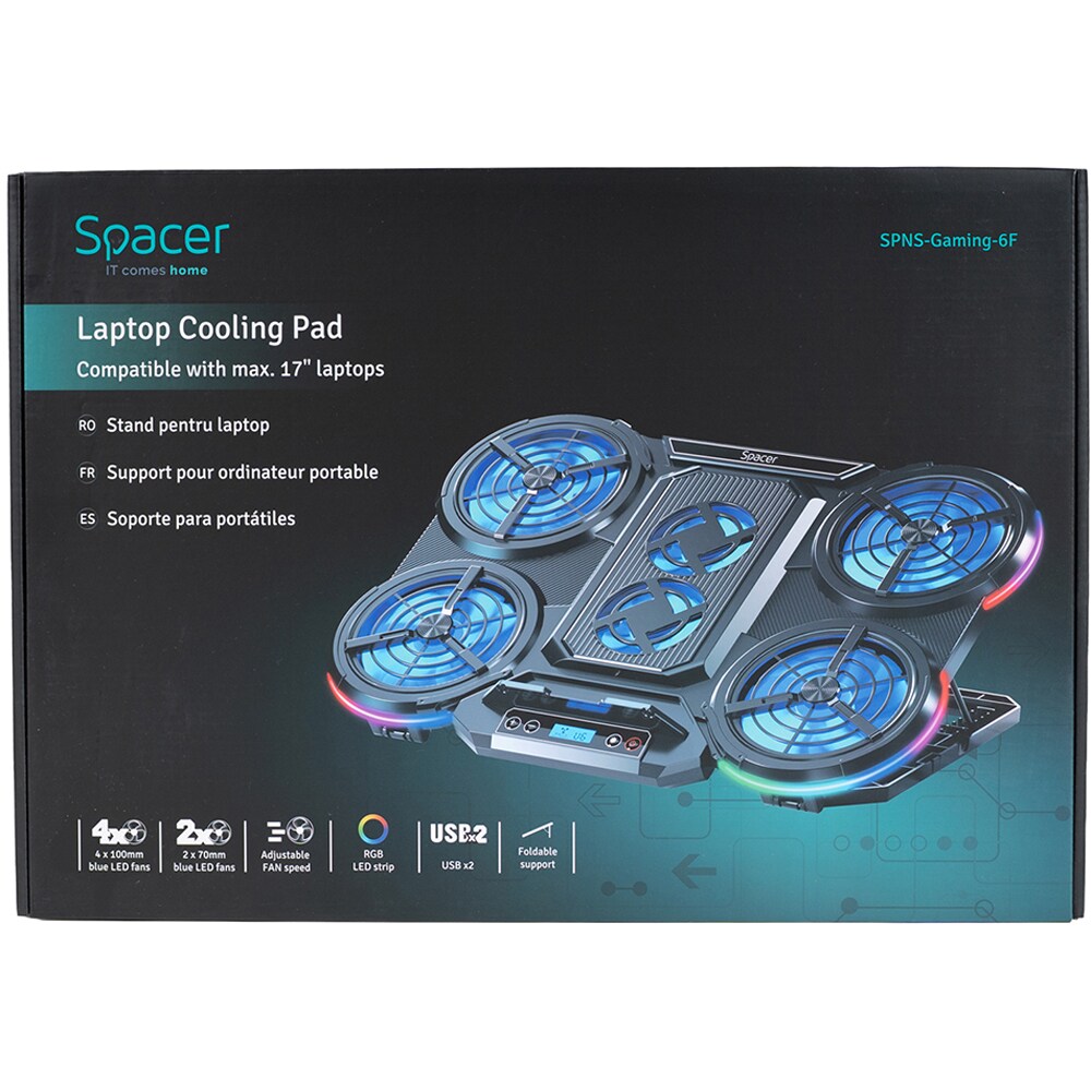 Cooler pad Gaming SPACER SPNS-Gaming-6F, RGB, USB, negru