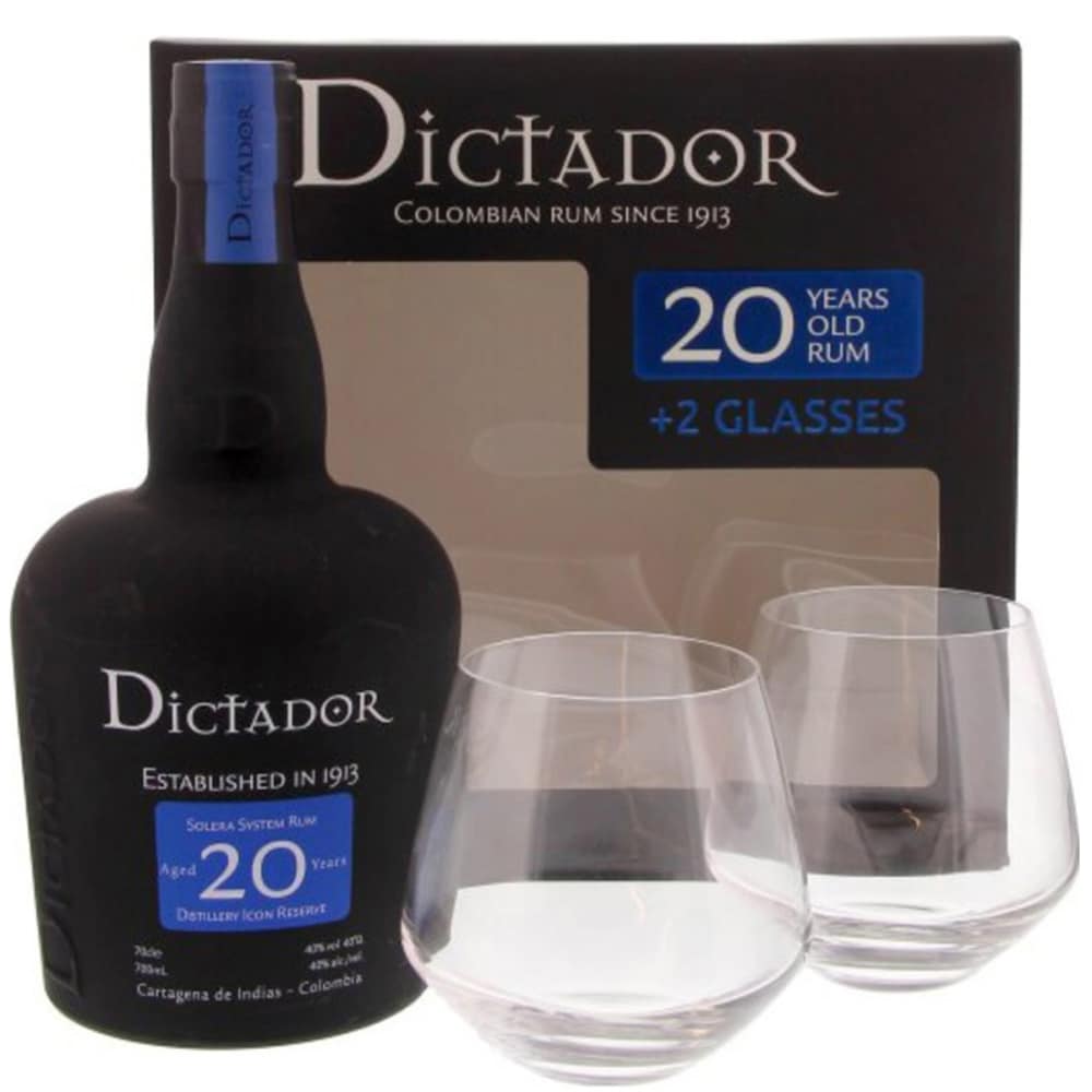Set Rom Dictador 20YO, 0.7L + 2 pahare