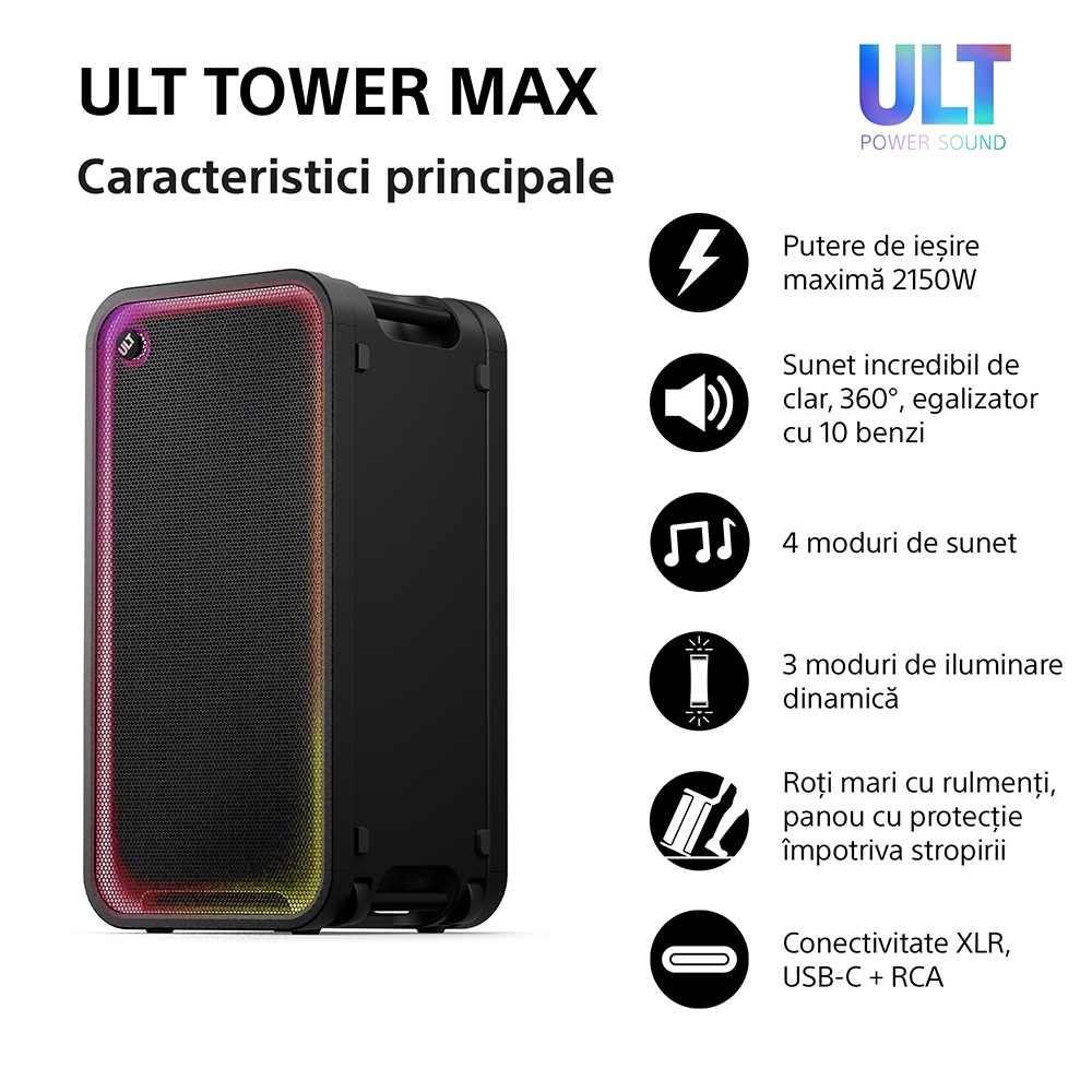 Sistem audio SONY ULT Tower Max, 2150W, Bluetooth, negru