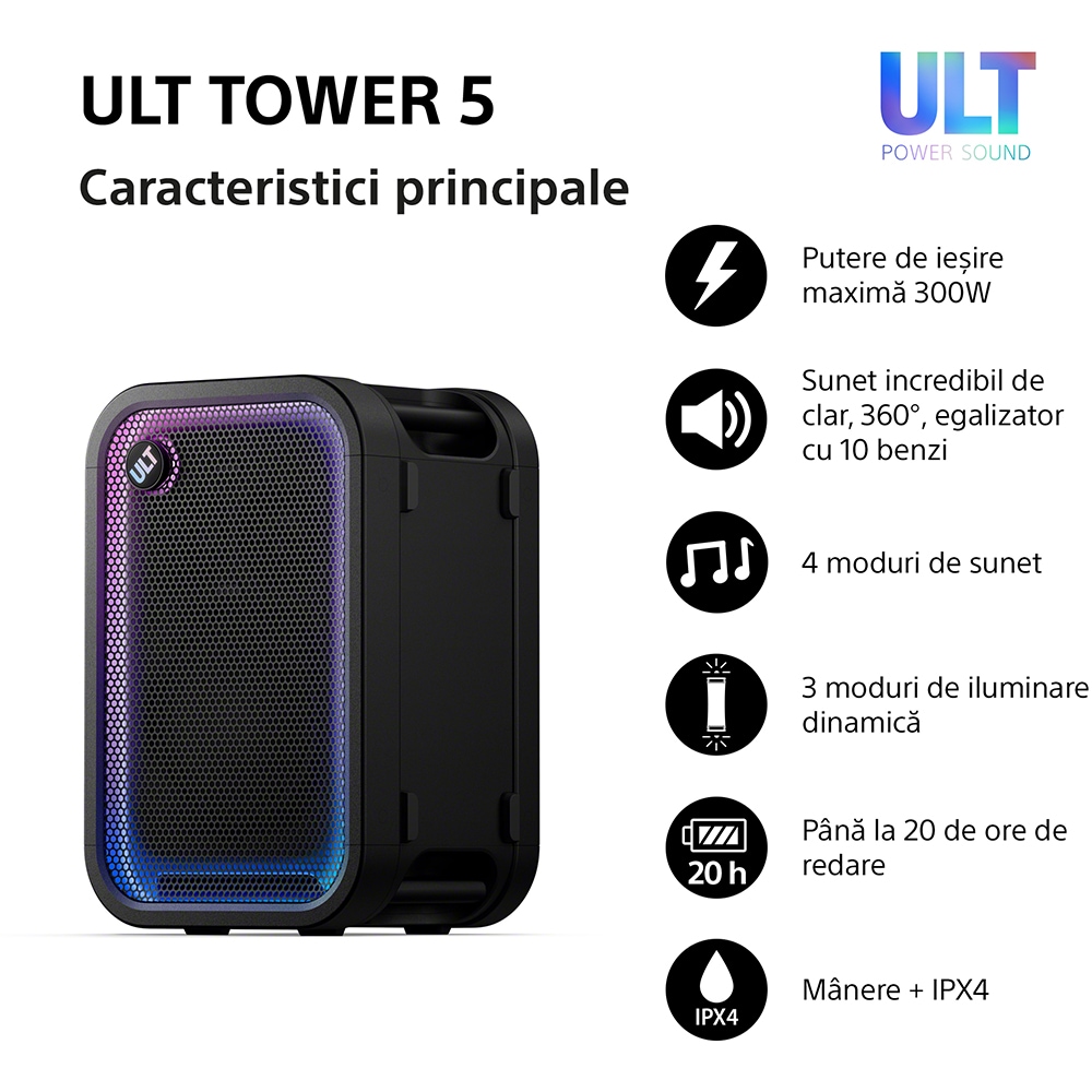 Boxa portabila SONY ULT Tower 5, 300W, Bluetooth, USB, negru