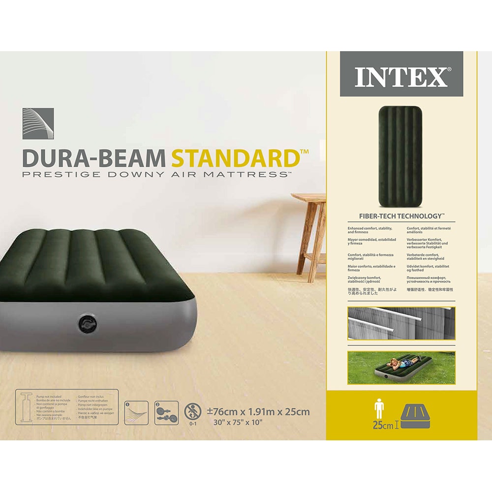 Saltea gonflabila camping INTEX Prestige Downy Twin Dura-Beam, 191 x 76, verde-gri