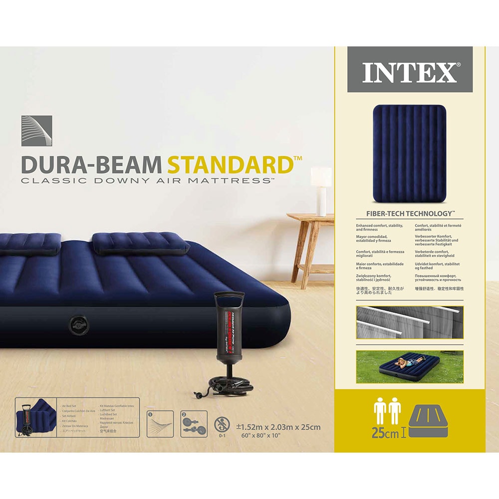 Saltea gonflabila camping INTEX Queen Dura Beam, pompa inclusa, 203 x 152 cm, albastru