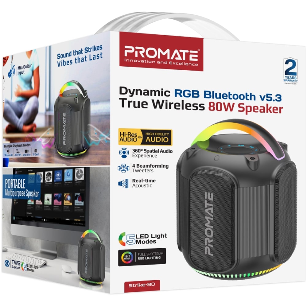 Boxa portabila PROMATE Strike-80, 80W, Bluetooth, IPX5, negru