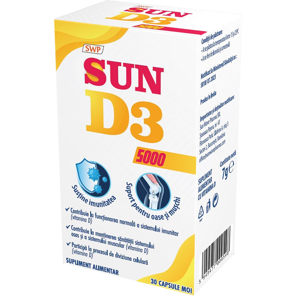 Supliment Sun D3 5000UI, 30 capsule moi, SUN WAVE
