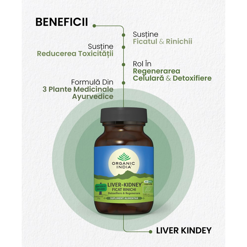 Supliment alimentar Liver-Kidney Ficat Rinichi Detoxifiere si Regenerare, 60 capsule, ORGANIC INDIA