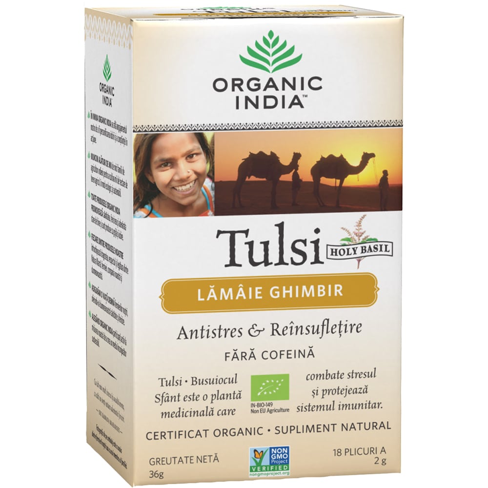 Ceai ORGANIC INDIA Tulsi Lamaie si Ghimbir, 18 plicuri, 36g