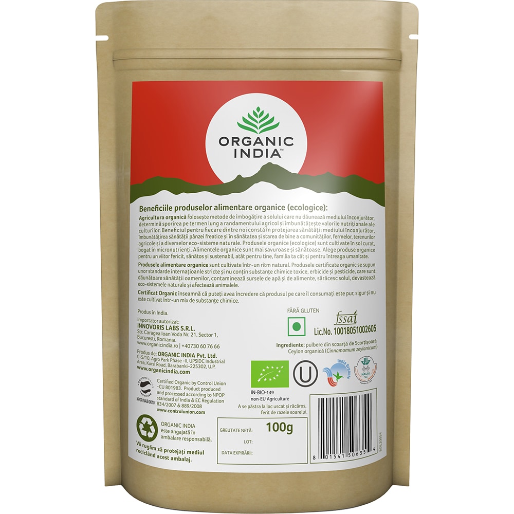 Scortisoara Ceylon pulbere fara gluten, 100 g, ORGANIC INDIA