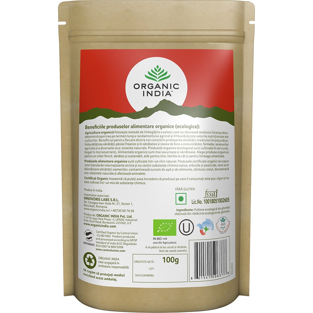 Ghimbir pulbere fara gluten, 100 g, ORGANIC INDIA