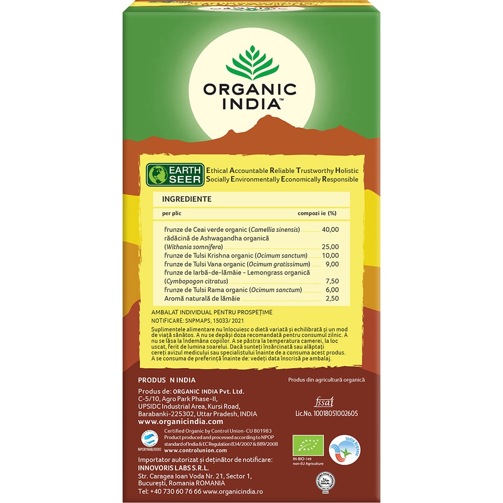 Ceai verde ORGANIC INDIA Tulsi Ashwagandha, 25 plicuri, 50g