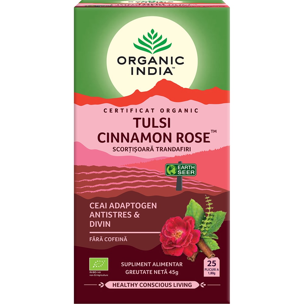 Ceai ORGANIC INDIA Tulsi Scortisoara si Trandafiri, 25 plicuri, 45g