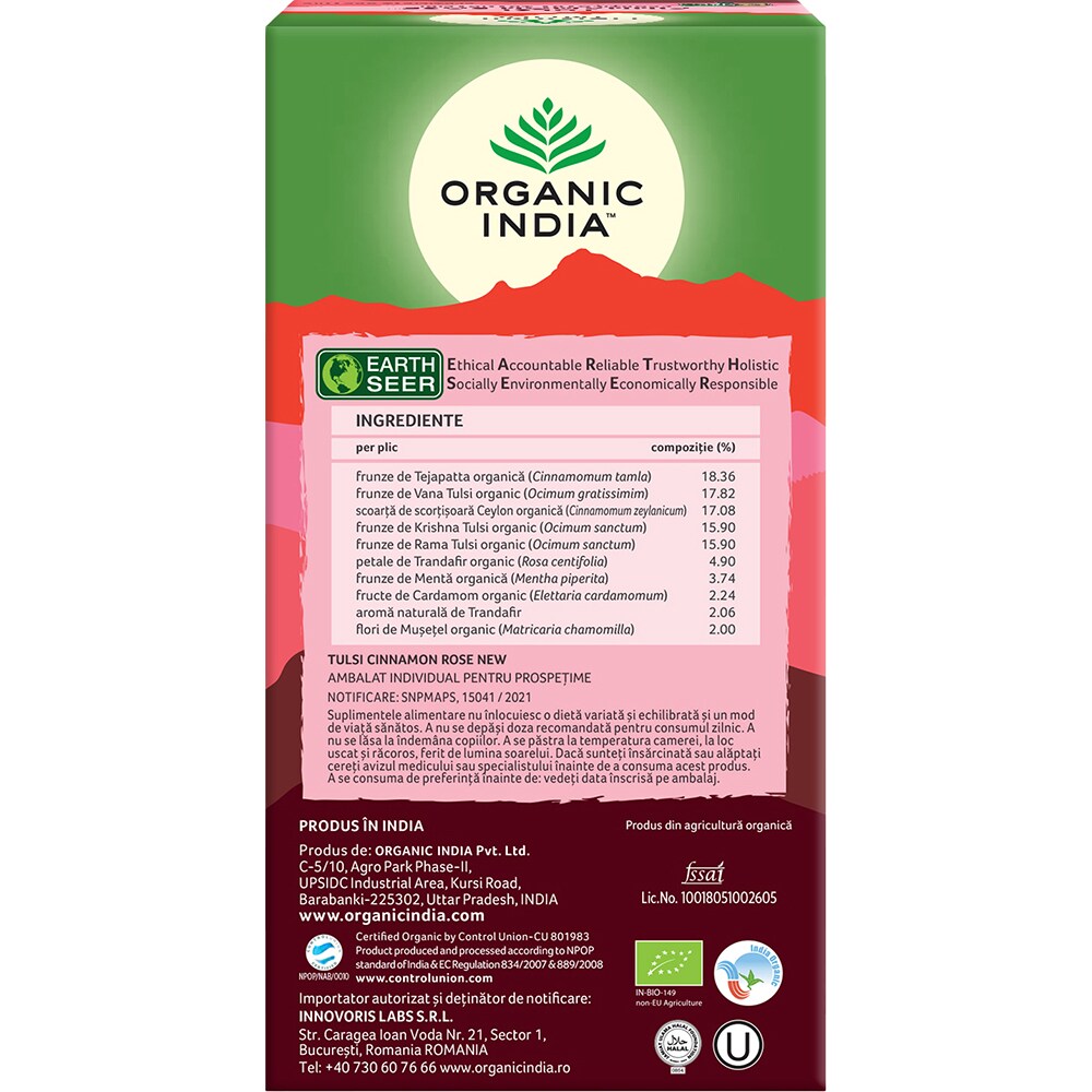 Ceai ORGANIC INDIA Tulsi Scortisoara si Trandafiri, 25 plicuri, 45g