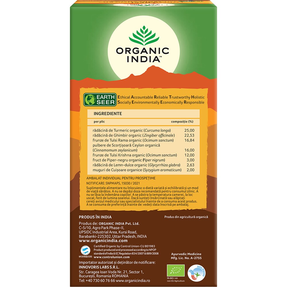 Ceai ORGANIC INDIA Turmeric si Ghimbir, 25 plicuri, 47.5g