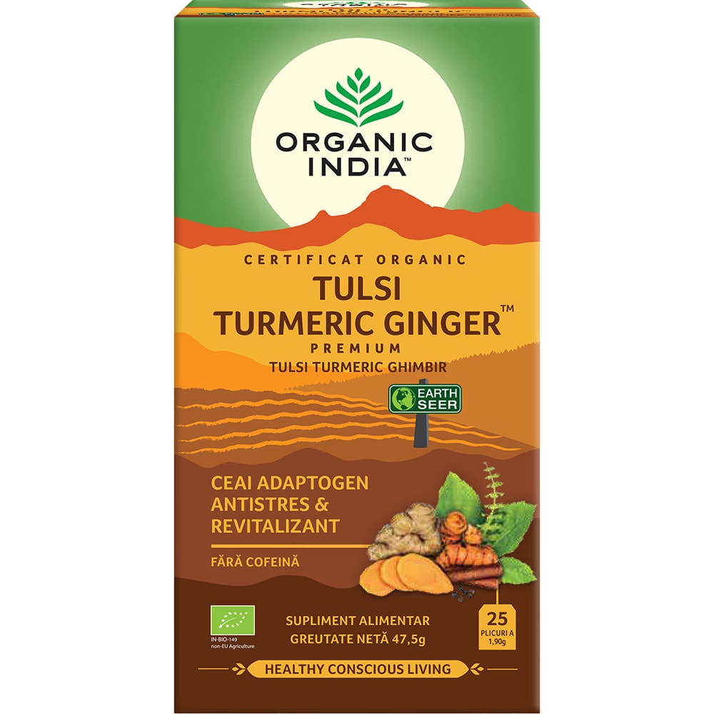 Ceai ORGANIC INDIA Turmeric si Ghimbir, 25 plicuri, 47.5g