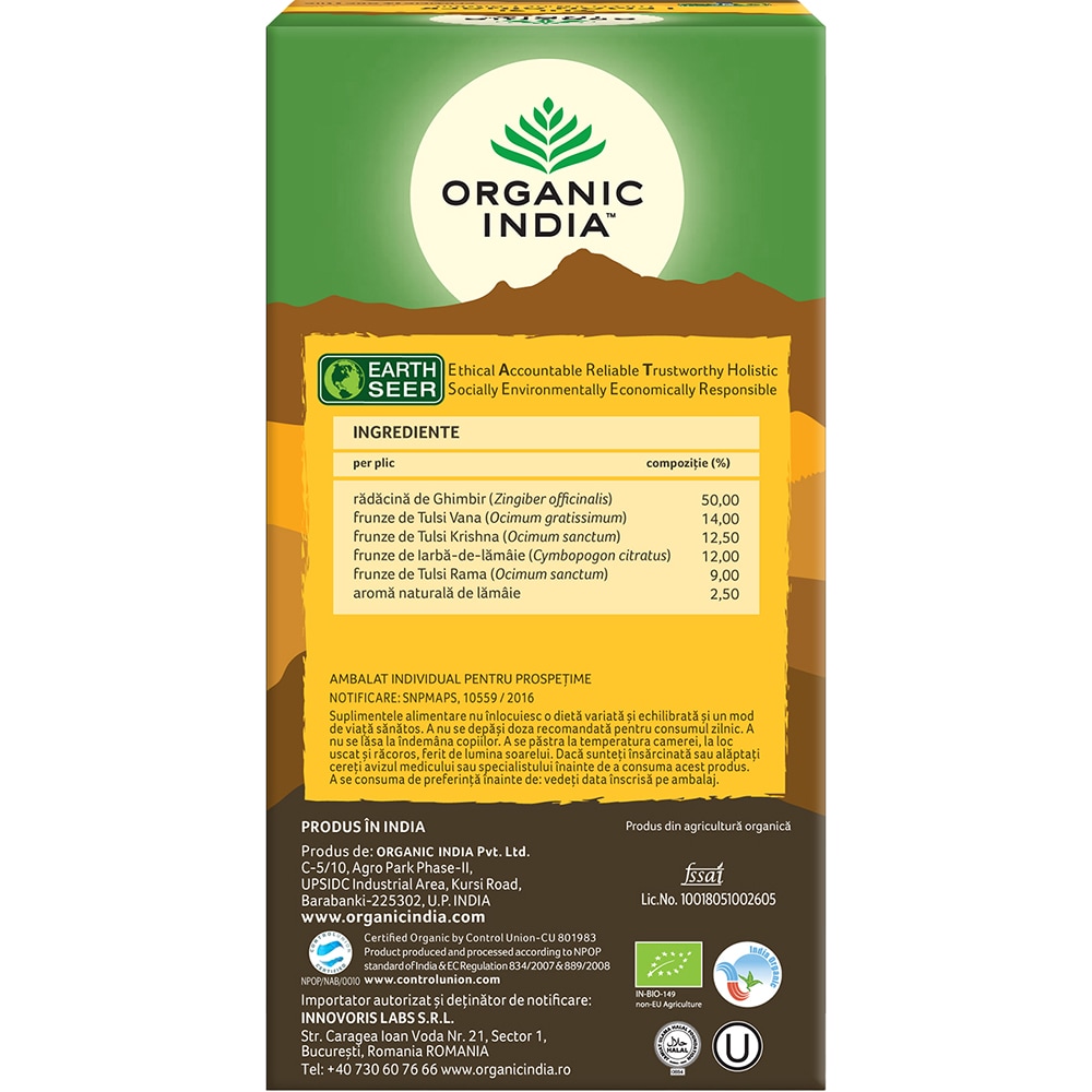 Ceai Tulsi Lamaie, Ghimbir, 25 plicuri, ORGANIC INDIA